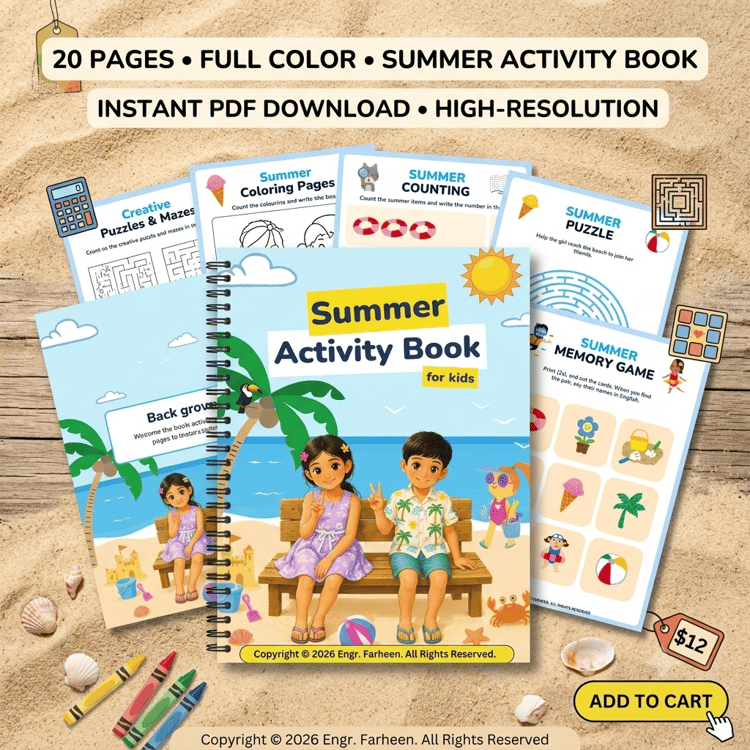 Cute illustrative style summer activity pages for kids instant digital download PDF
