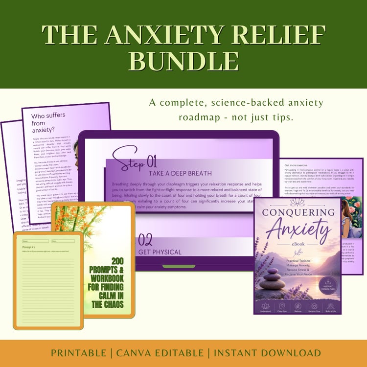 Preview pages of "The Anxiety Relief Bundle" featuring "Step 01: Take a Deep Breath" instructional layout and the "200 Prompts & Workbook for Finding Calm in the Chaos" text block.