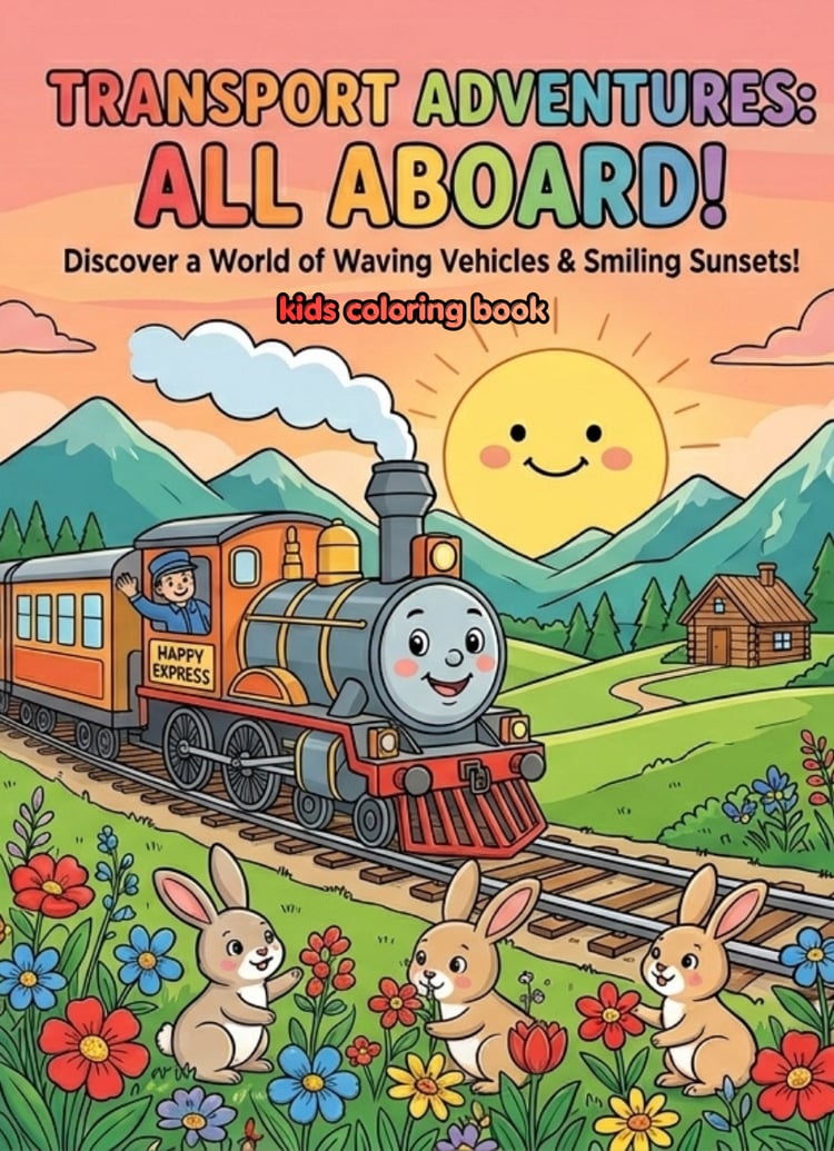 "Transport Adventures kids coloring book featuring cute smiling vehicles including train, bus, motorcycle, and car for preschool activity"