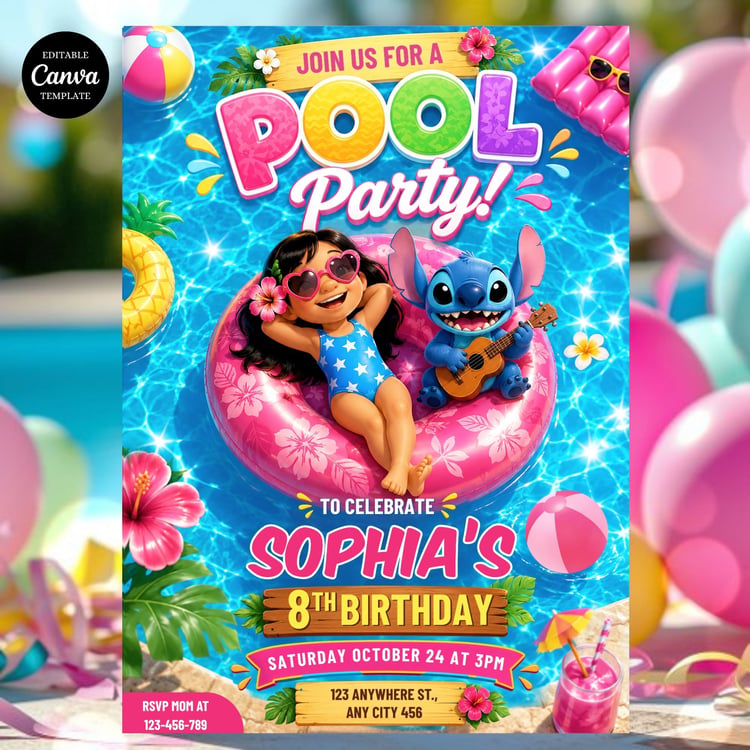Editable Lilo and Stitch Pool Party Invitation template featuring tropical Hawaiian theme, summer birthday celebration, colorful balloons, palm trees, and customizable party details.