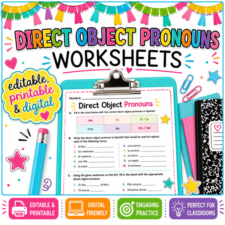 Editable Spanish Direct Object Pronouns Worksheets | Digital, Printable & Sub Plans