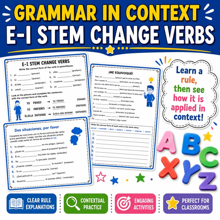 Spanish Stem-Changing E→I Verbs | Grammar in Context Reading & Activities