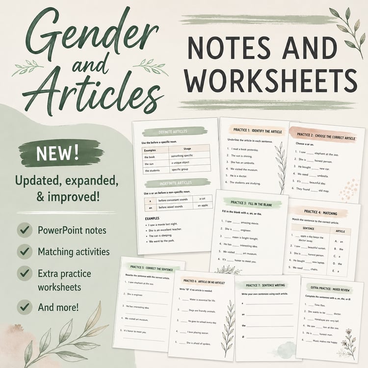 Spanish 1 Gender, Definite & Indefinite Articles | Worksheets & Notes