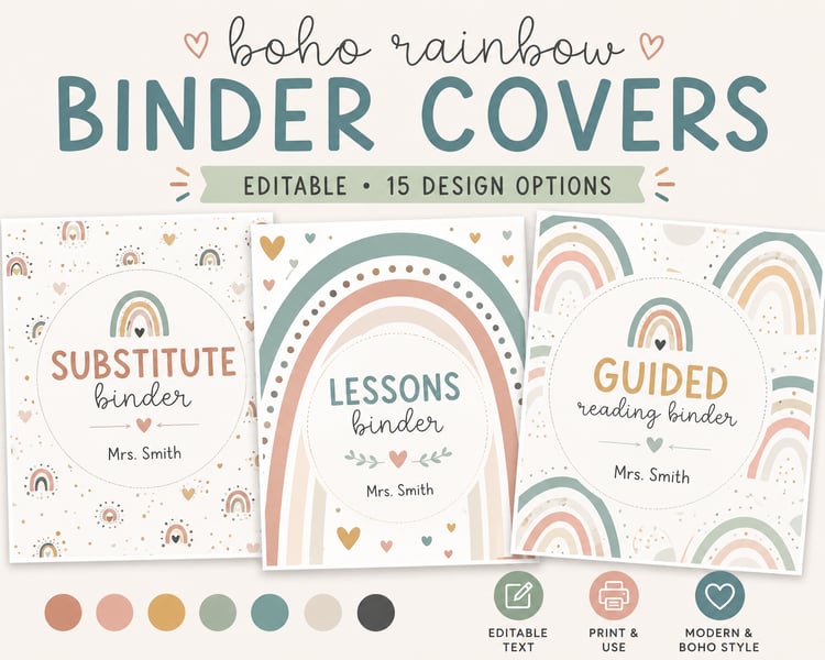 Boho Rainbow Editable Binder Covers | Classroom Organization Templates