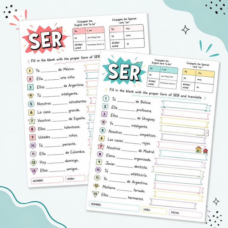 Spanish Verb Ser Worksheets | Fill in the Blanks & Translation Practice