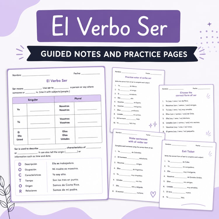 El Verbo Ser Guided Notes | Spanish Practice Pages