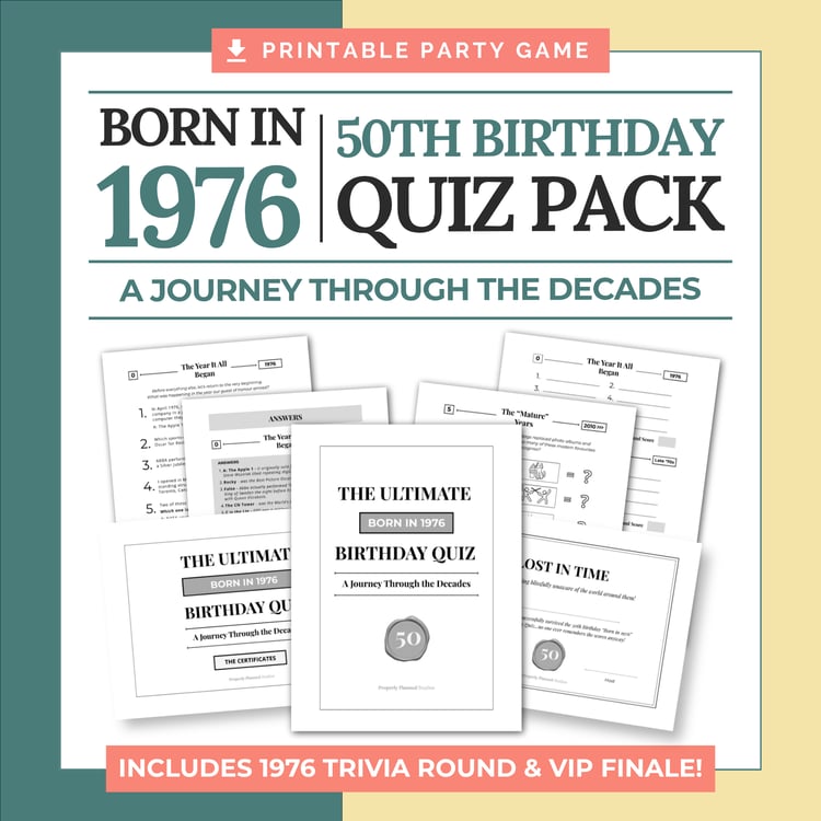 Printable 1976 birthday quiz pack cover with green and yellow borders. Text reads The Ultimate 1976 Birthday Quiz Pack 50th Birthday Edition. Features clean digital mockups of the custom year game sheets with a bright yellow 1976 trivia badge.