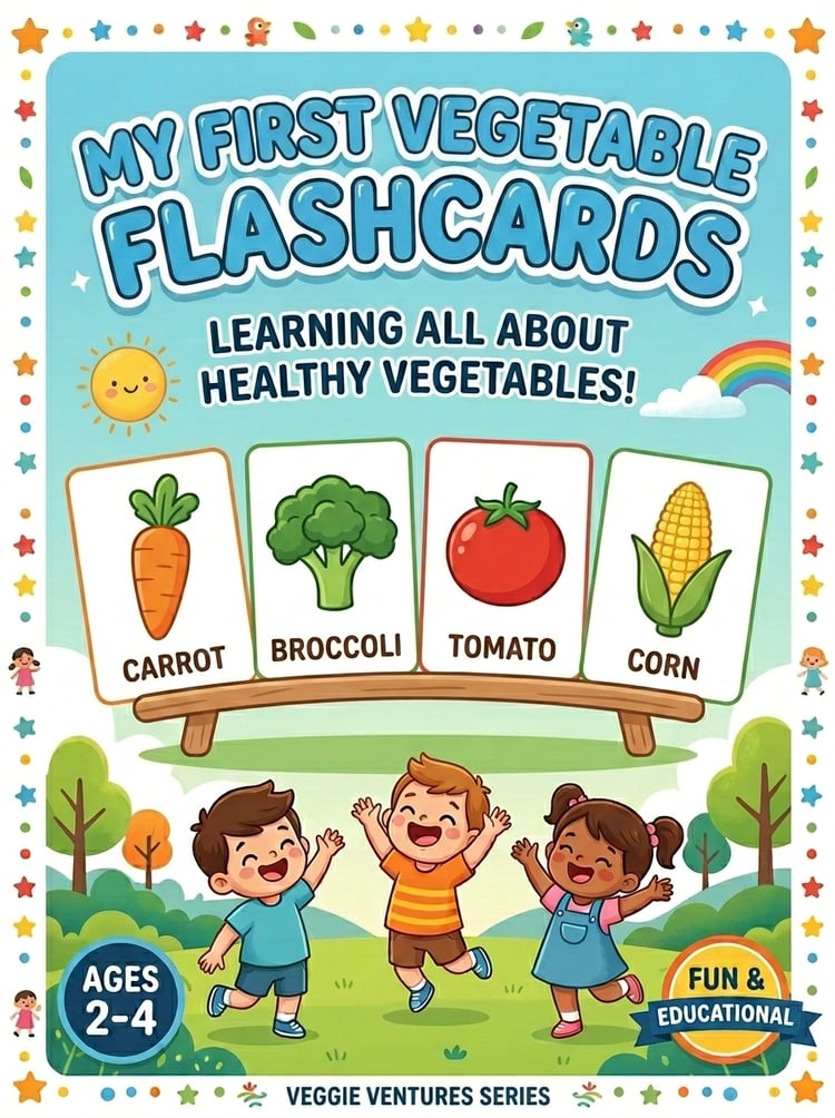 Colorful printable vegetable flashcards for preschoolers featuring 25 vegetables with bright educational illustrations for early learning.