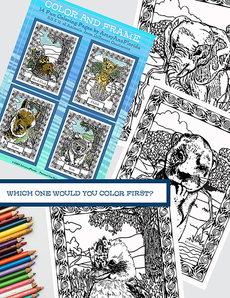 Elephant, Otter,Kookaburra and more animals to color with a drawn frame ready to hang once your kid colors it