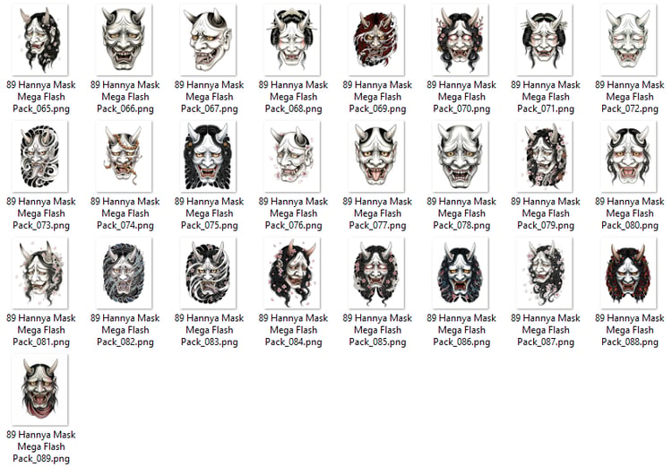 89 Hannya mask tattoo flash designs featuring traditional Japanese irezumi artwork, oni masks, yokai-inspired illustrations, and high-resolution tattoo reference sheets.