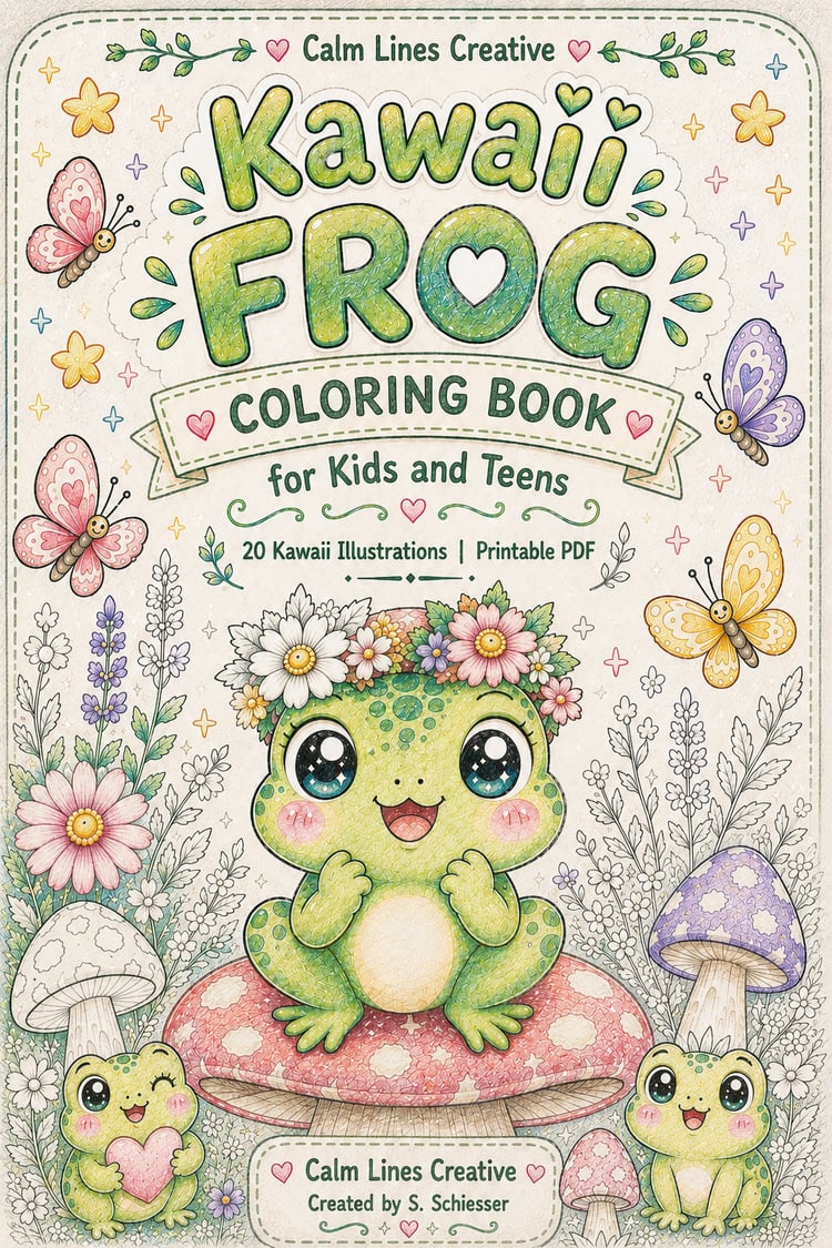 Kawaii Frog Coloring Book cover with a cute green frog, mushrooms, flowers and pastel forest details.
