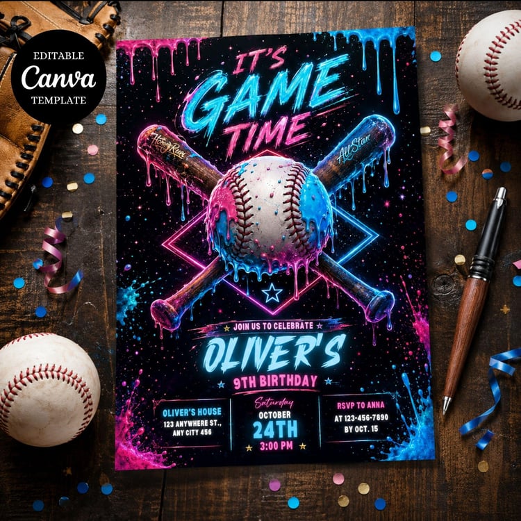 Editable baseball birthday invitation template for boys featuring a sports theme birthday party design, printable Canva invitation and instant download.