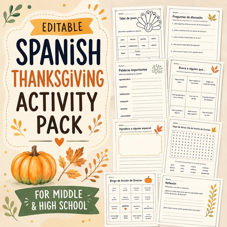Spanish Thanksgiving Activity Pack | Middle & High School Activities