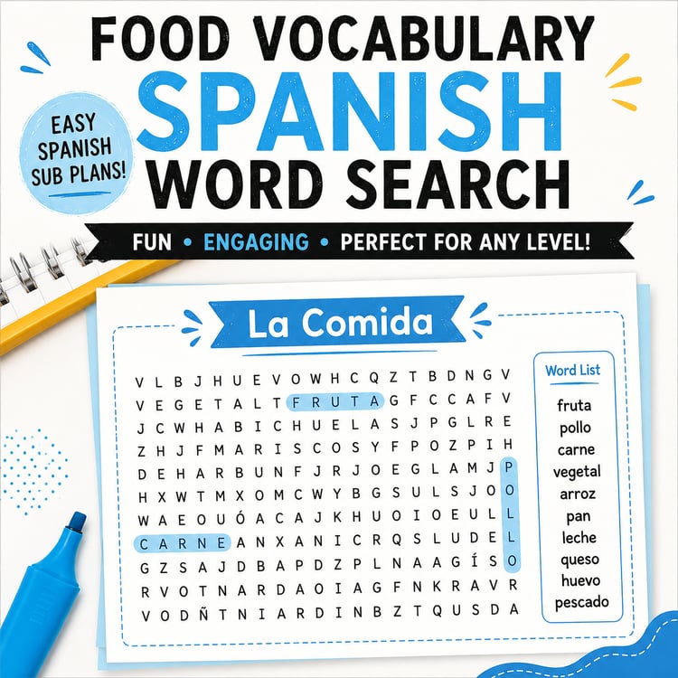 Spanish Food Vocabulary Worksheet | Word Search & Sub Plan Activity