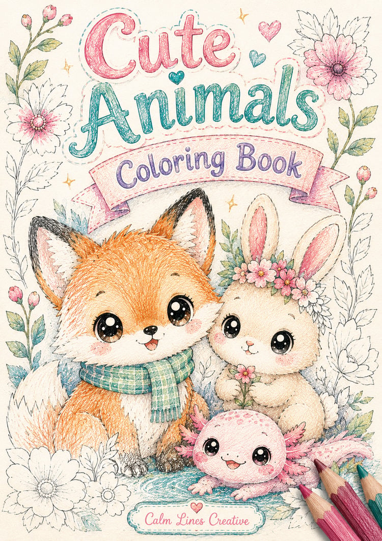 Cute Animals Coloring Book cover featuring a fox, bunny and baby octopus in a pastel kawaii forest style.