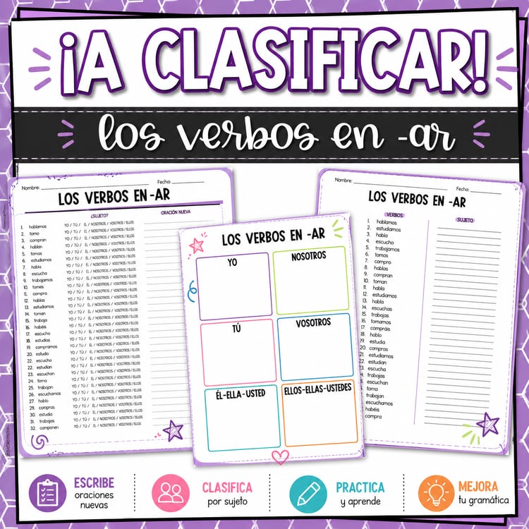 Present Tense -AR Verbs | Spanish Sorting Activity for Regular Verbs