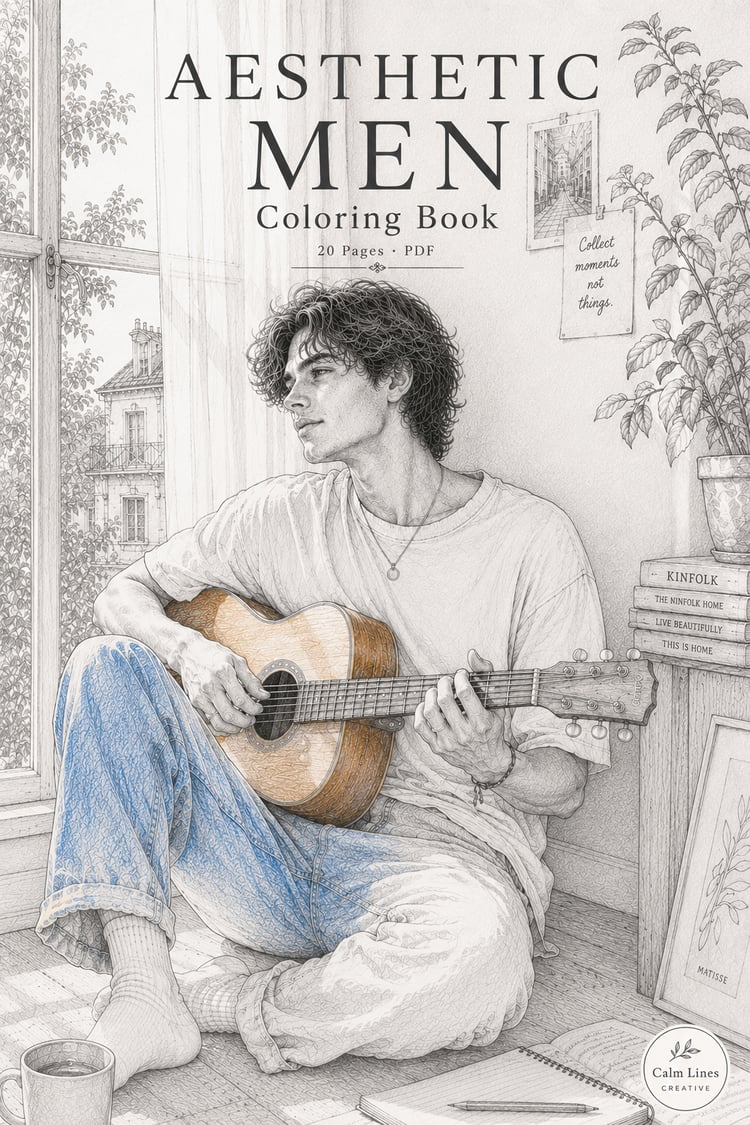 Aesthetic Men Coloring Book cover featuring a handsome young man playing guitar by a window in a detailed grayscale illustration.