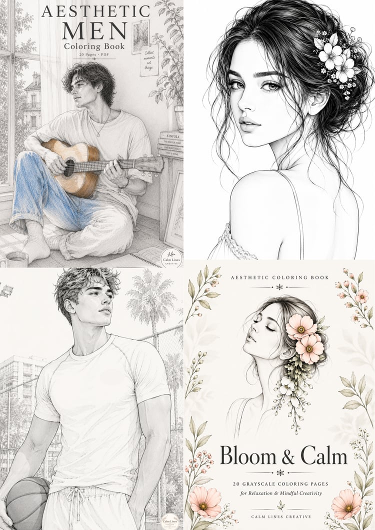 Aesthetic portrait coloring book bundle for adults with male grayscale portraits and floral female line art