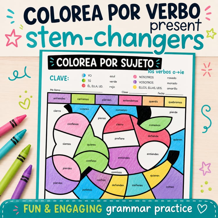 Stem-Changing Present Tense Verbs | Spanish Conjugation Coloring Activity & Emergency Sub Plan