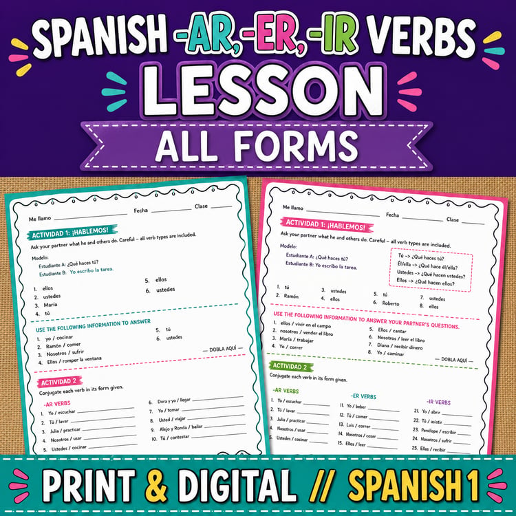 Spanish Present Tense Regular -AR, -ER, -IR Verbs | Lesson & Activities
