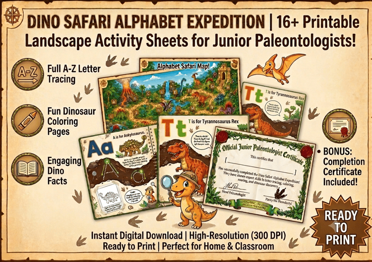 Printable Dinosaur Alphabet Tracing Worksheets product cover featuring an interactive A-to-Z Safari Map, uppercase and lowercase letter tracing pages with a Stegosaurus and T-Rex, and a completion certificate. The graphic highlights features like fun dino