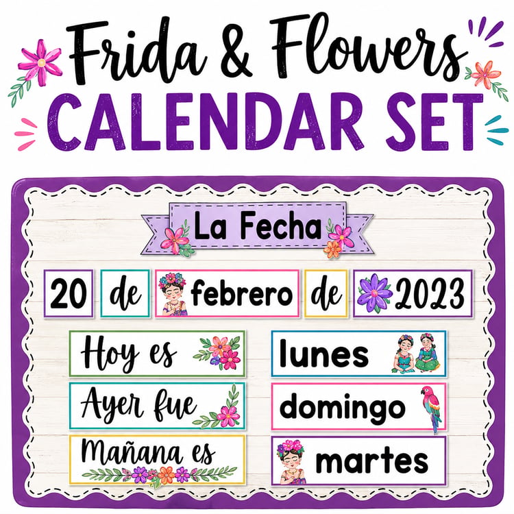 Spanish Classroom Decor | La Fecha Calendar with Frida & Flowers Theme