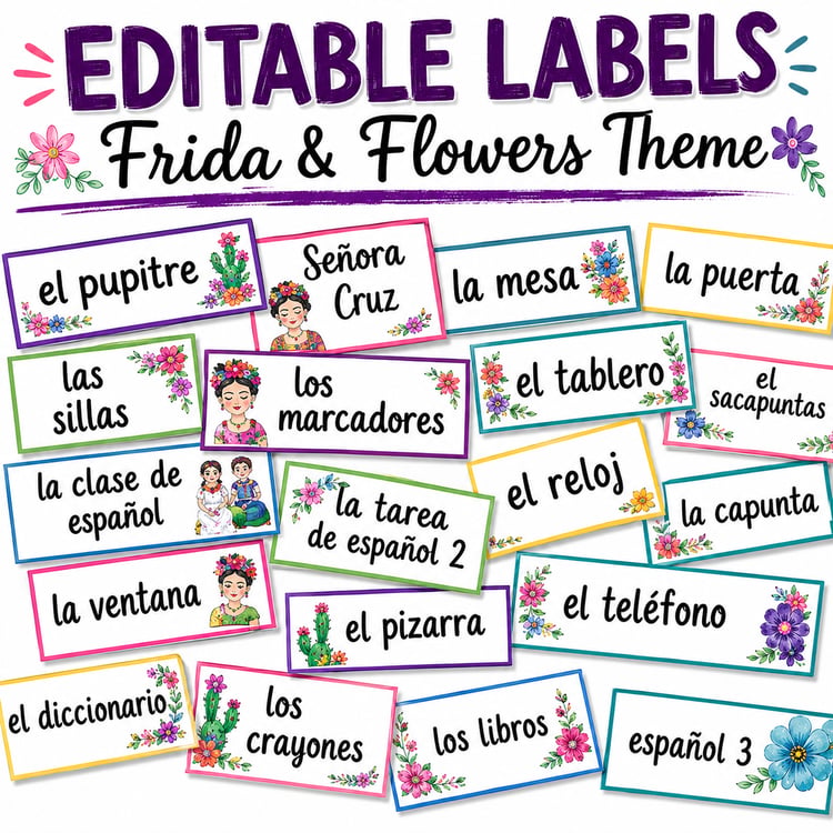 Spanish Classroom Decor | Editable Classroom Labels with Frida & Flowers Theme