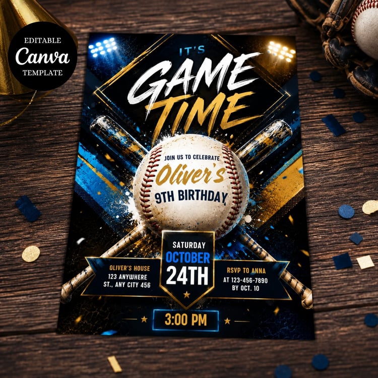 Editable baseball birthday invitation template for kids birthday party, instant download Canva invitation