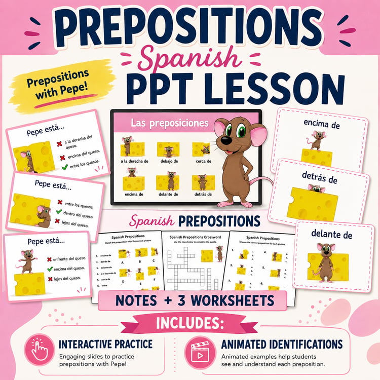 Spanish Prepositions with Pepe | PowerPoint Lesson & Practice Activities