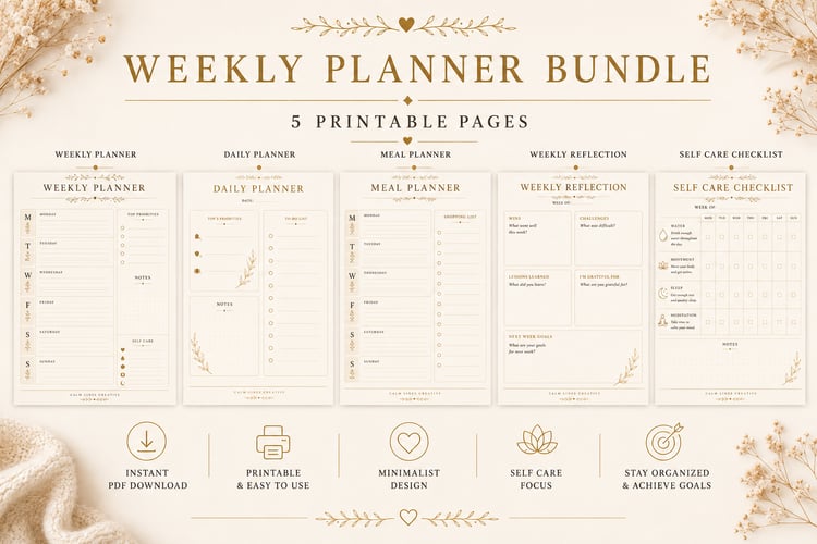 Minimalist Weekly Planner Bundle preview with 5 printable planner pages in A4 PDF format.