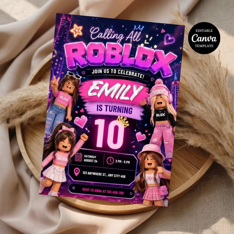 Editable pink Roblox girl birthday invitation template with stylish gamer theme for a girls birthday party.