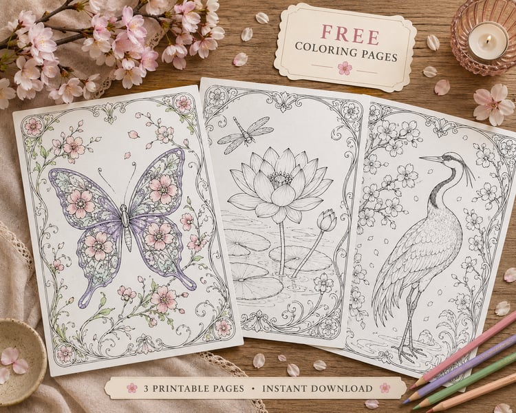 Free Sakura Dreams Coloring Book Sample is a printable PDF featuring a beautiful butterfly coloring page with delicate flowers, leaves and ornamental details. This free adult coloring page is perfect for relaxing creative time, stress relief, mindfulness