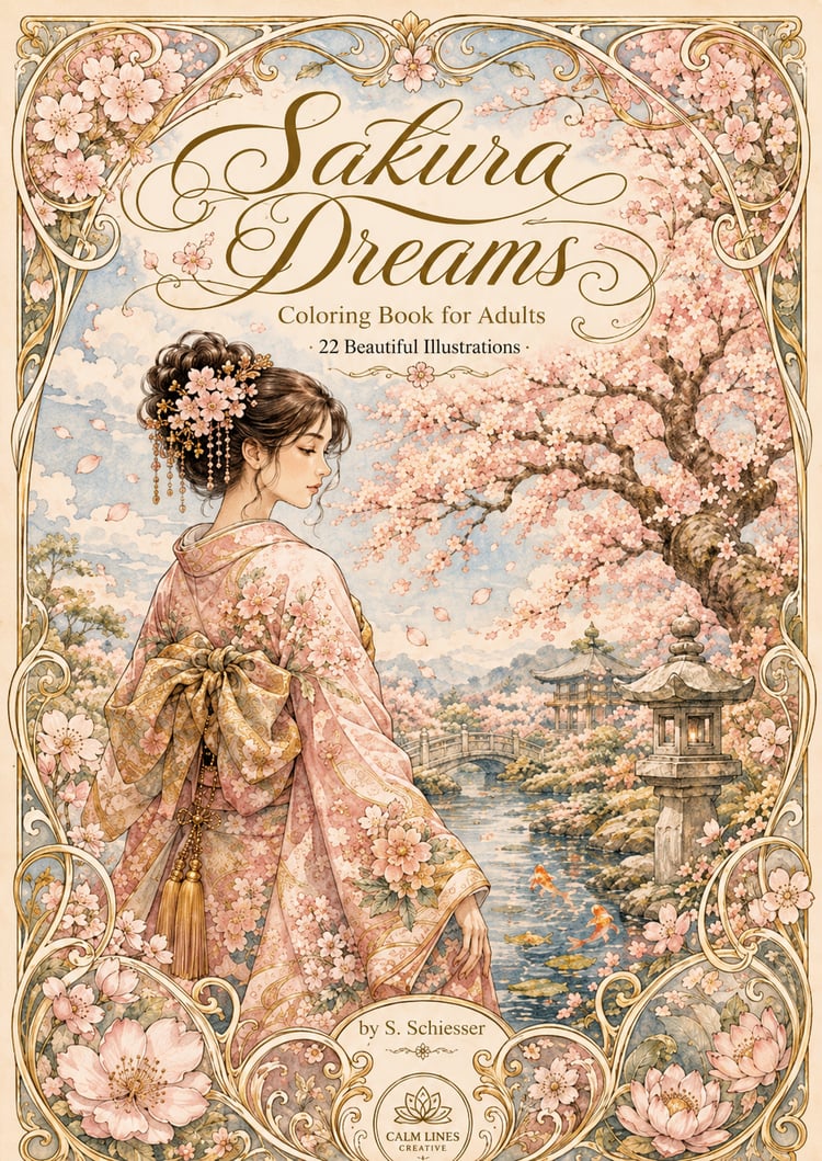 Sakura Dreams Japanese Art Nouveau Coloring Book featuring elegant Japanese-inspired artwork, cherry blossoms and printable coloring pages.
