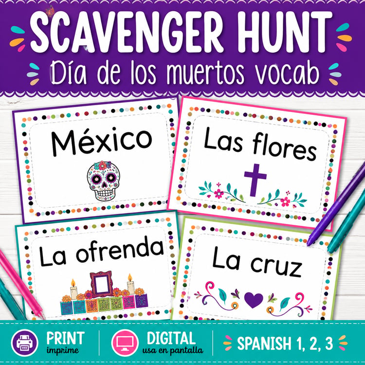 Spanish Día de los Muertos Scavenger Hunt | Vocabulary Review Activity (Print & Digital)