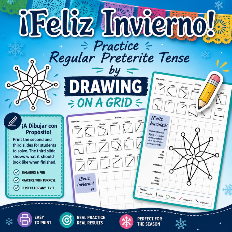 Winter Preterite Practice | Regular -AR, -ER & -IR Verbs Draw-on-Grid Activity