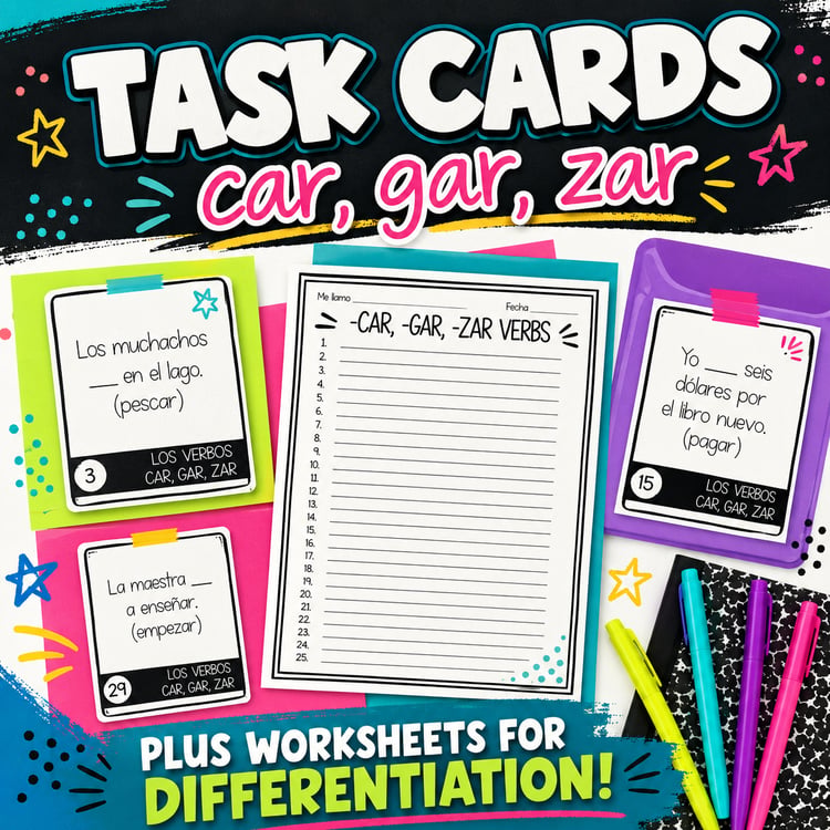 CAR, GAR, ZAR Preterite Verbs | Task Cards & Worksheet Activity