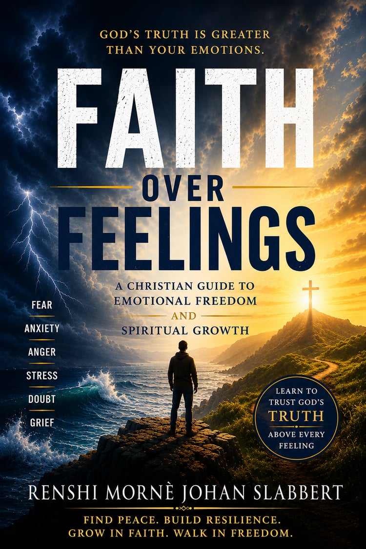 Faith Over Feelings Christian self-help book cover featuring a cross, ocean, sunrise, and themes of faith, emotional healing, and spiritual growth.