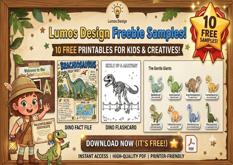 A bright, playful promotional storefront banner for the Lumos Design Freebie Pack featuring 10 free printable dinosaur worksheets for kids. The design uses an aged parchment paper background with a rustic wooden frame, showcasing a cute cartoon explorer c