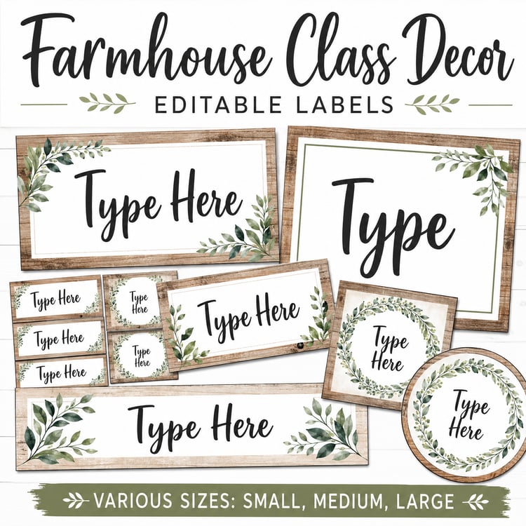 Farmhouse Classroom Decor | Editable Labels (Various Sizes)