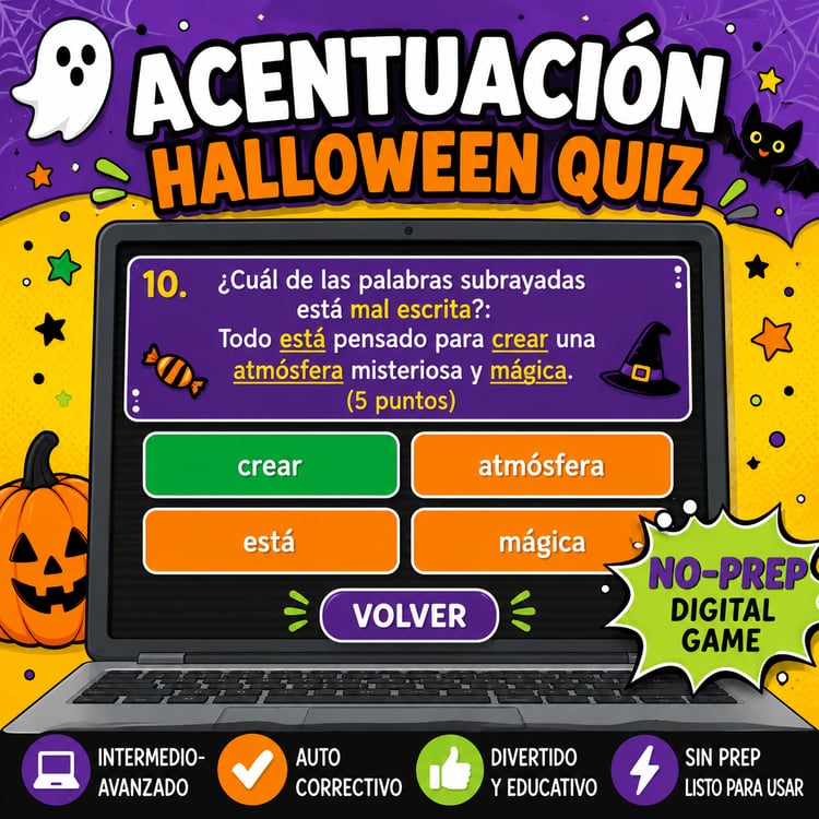 Spanish Written Accent Marks Practice | Halloween Digital Game (Acentos y Tildes)