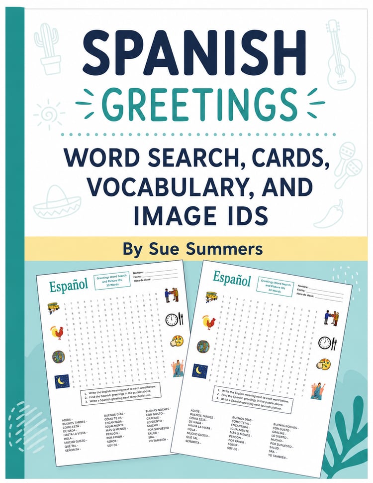 Spanish Greetings Word Search | Vocabulary Cards, Image IDs & Practice Activities
