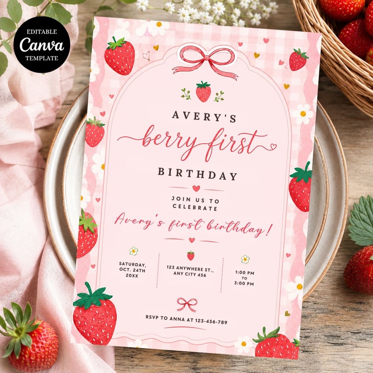 Berry First Birthday Invitation Template featuring a sweet strawberry theme, editable Canva birthday invite for a girl's first birthday party.