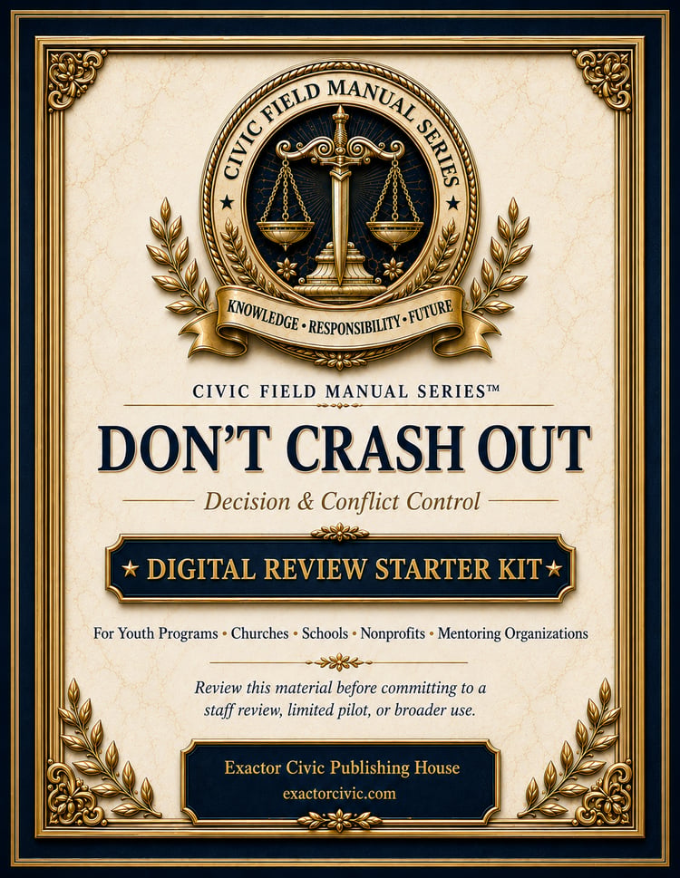 DON’T CRASH OUT Digital Review Starter Kit cover from the Civic Field Manual Series by Exactor Civic Publishing House.