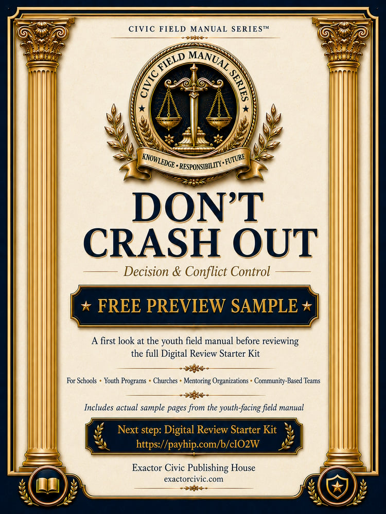 DON’T CRASH OUT Free Preview Sample cover from the Civic Field Manual Series by Exactor Civic Publishing House.