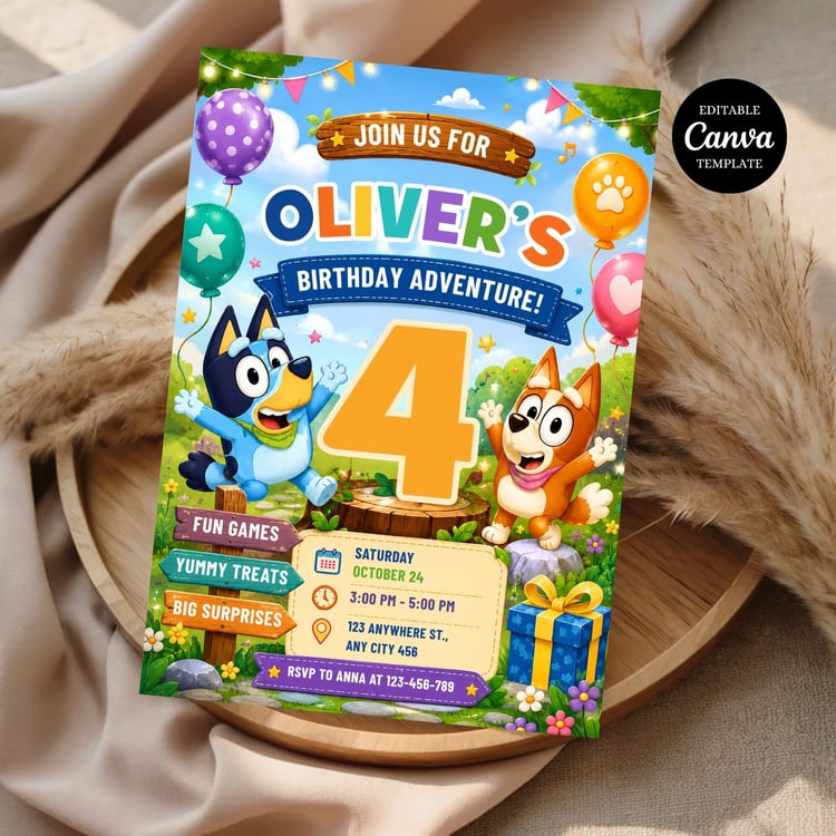 Editable Bluey-inspired birthday invitation template designed in Canva for a kids birthday party, available as an instant digital download.