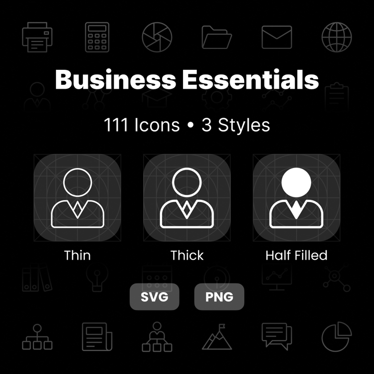 Business Essentials Icons Pack featuring 111 professional business, corporate, startup, and productivity icons in Thin, Thick, and Half-Filled styles.