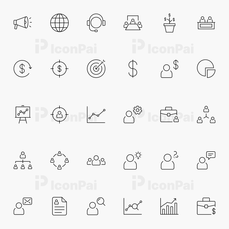 Business Management & Growth Icons – Thin line style preview of 30 leadership, planning, and business strategy icons.