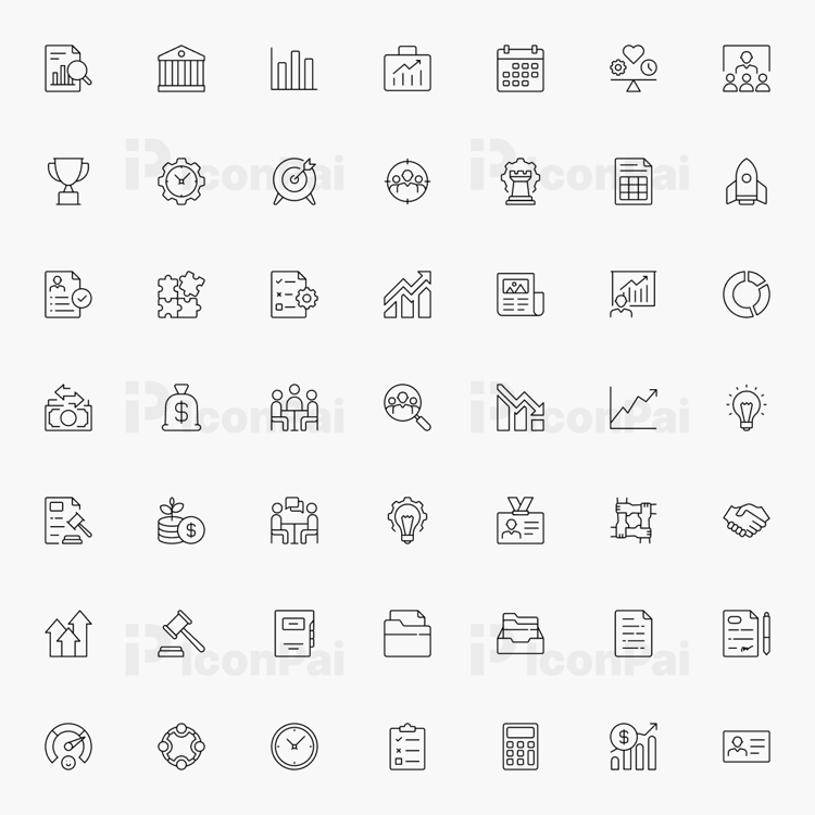Business Operations & Management Icons – Thin line style preview of 50 workflow, planning, and business management icons.