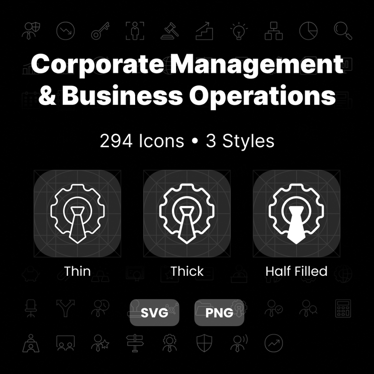 Corporate Management & Business Operations Icons Pack featuring 294 enterprise, workflow, leadership, productivity, and business management icons in Thin, Thick, and Half-Filled styles.
