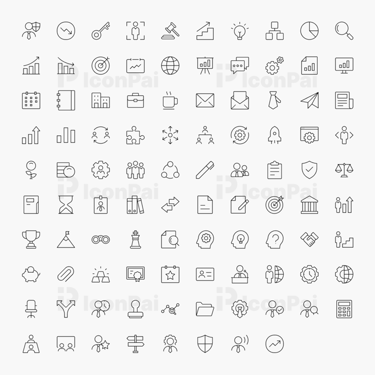 Corporate Management & Business Operations Icons – Thin line style preview of 98 enterprise workflow, leadership, and business management icons.